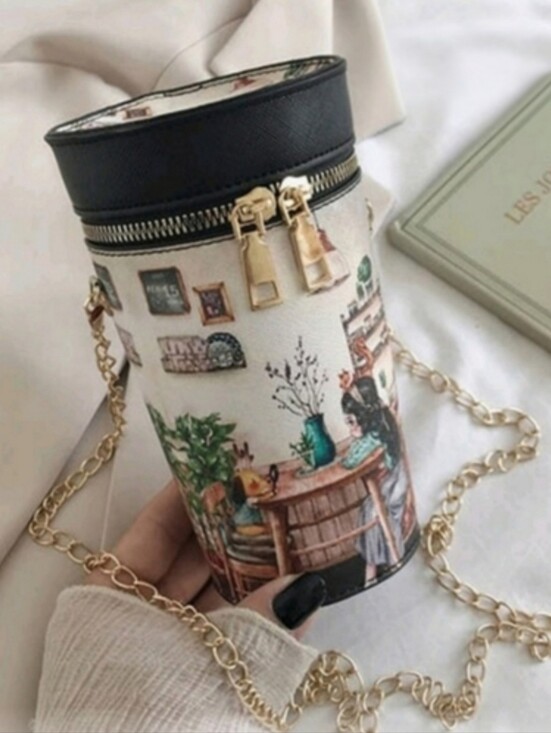Handbags - New Cylinder Art Deco Bucket Crossbody Bag | Graphic Print & Gold Chain